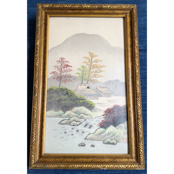 Vtg Framed Chinese Homes Water Stream Watercolor Painting Silk Qing Dynasty 880A